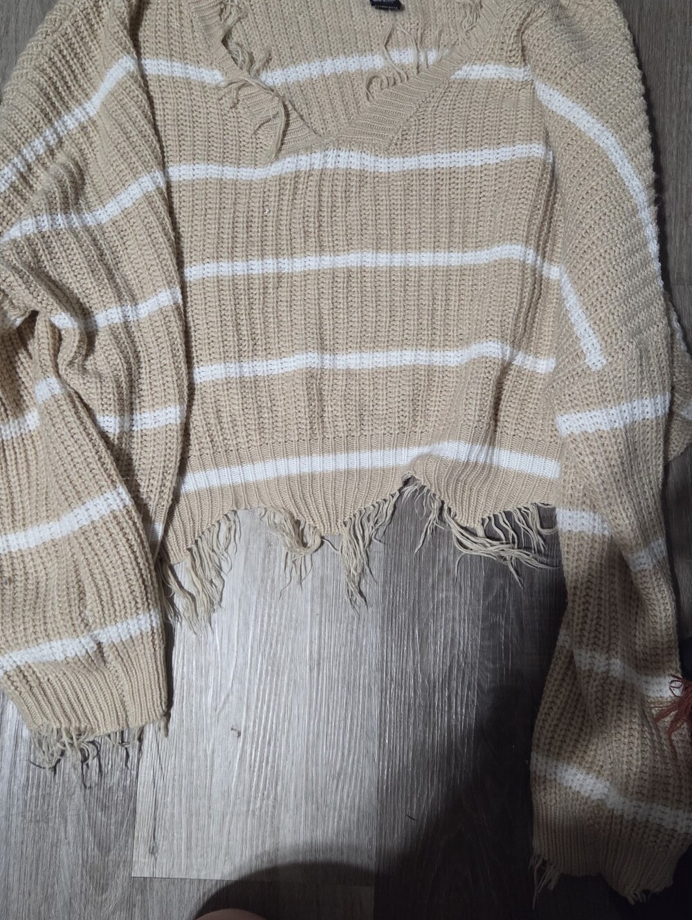 Cropped Distressed Stripe Sweater — Beige & White